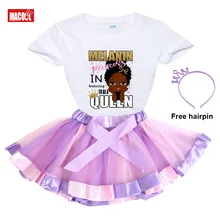Robe de soirée décontractée pour filles, ensemble pour enfants, tenue africaine bouclée noire, manches courtes, imprimé dessin animé, ensemble T shirt + jupe + épingle à cheveux, 2022