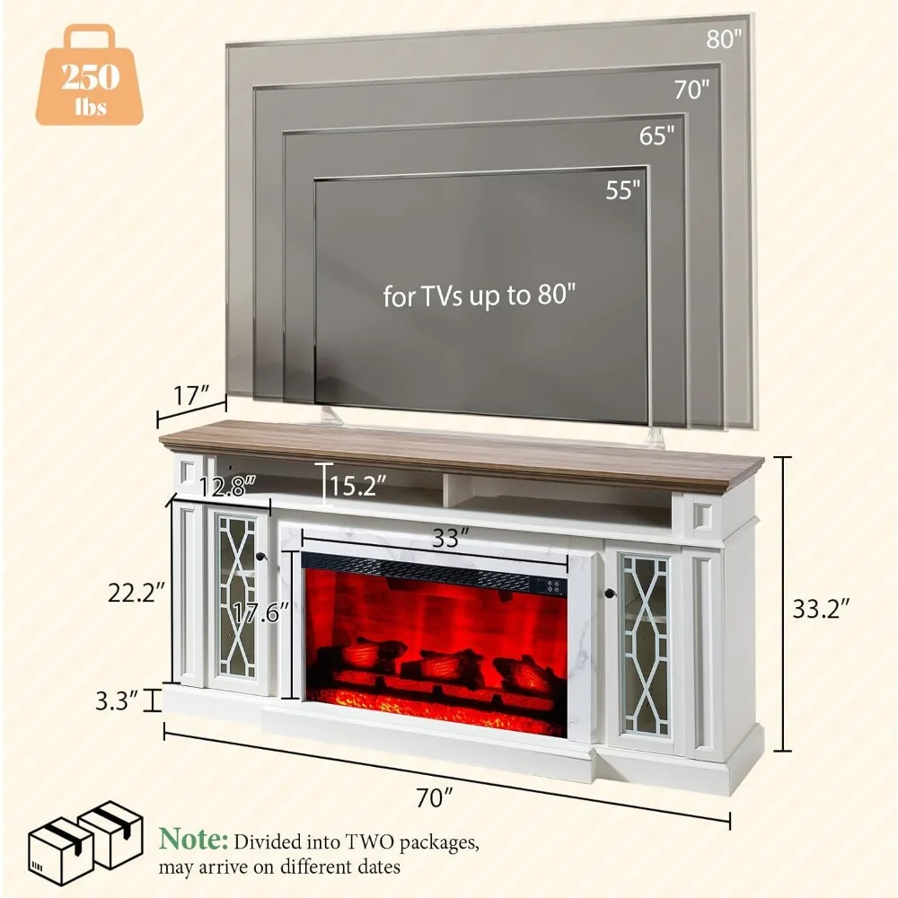 70" Farmhouse Heavy Fireplace TV Stand with 33" Electric Fireplace, for 80" TVs up, TV Stand 2