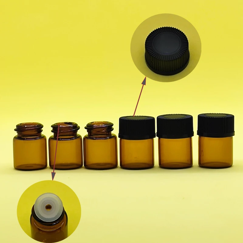 48pcs/pack 1ml Small Amber Glass Vials Bottles Containers With Orifice Reducer Black Cap For Essential Oil Sample Perfume Bottle