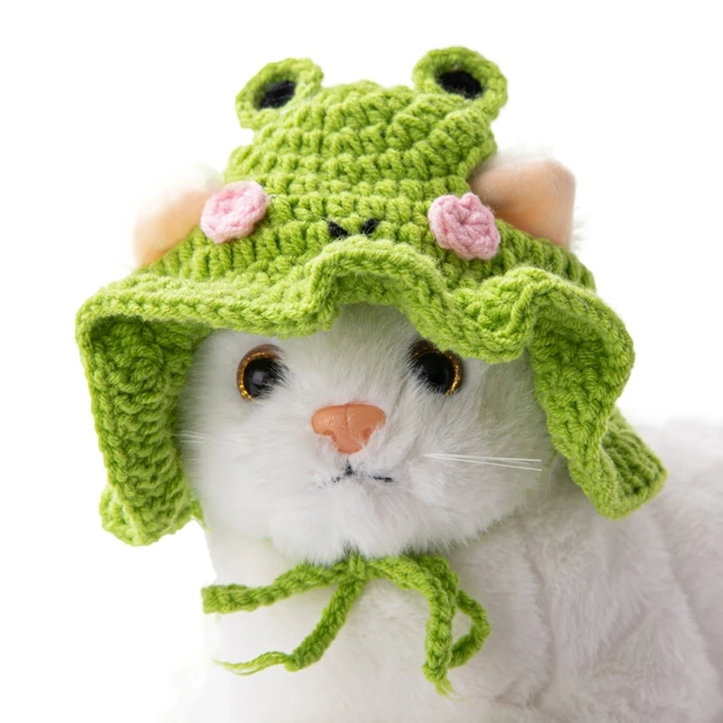 4 Styles Cute Hand-Woven Cats Hats Crochet Rabbit Frog Style Princess Kitten Caps Festival Photography Props for Cat Accessories