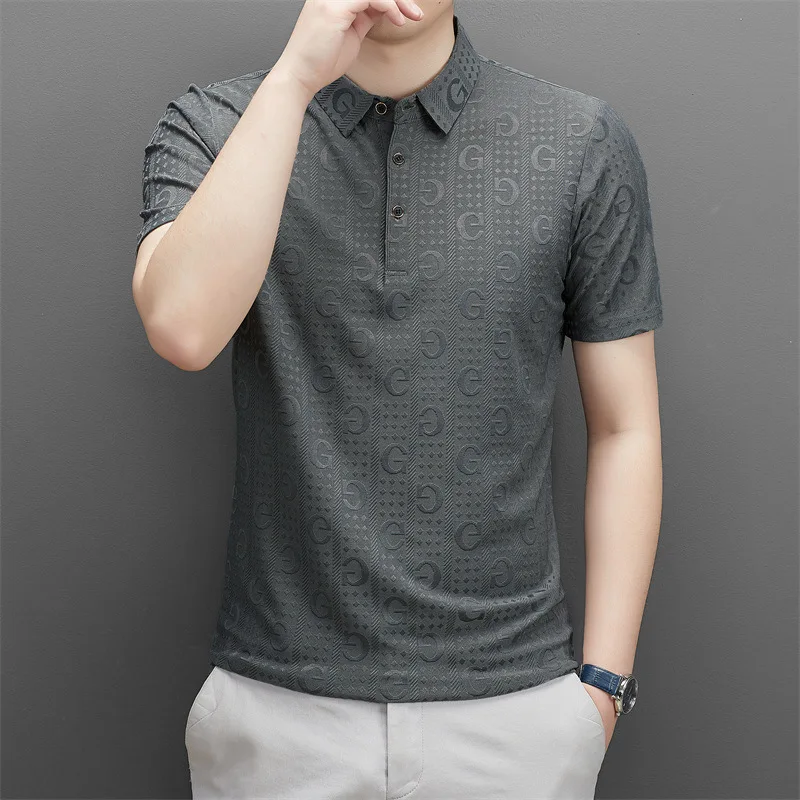 

Men Fashion Business Casual Button Polo Collar Shirts Summer Short Sleeve Solid Color T-shirt Breathable Textured Pullover Tops