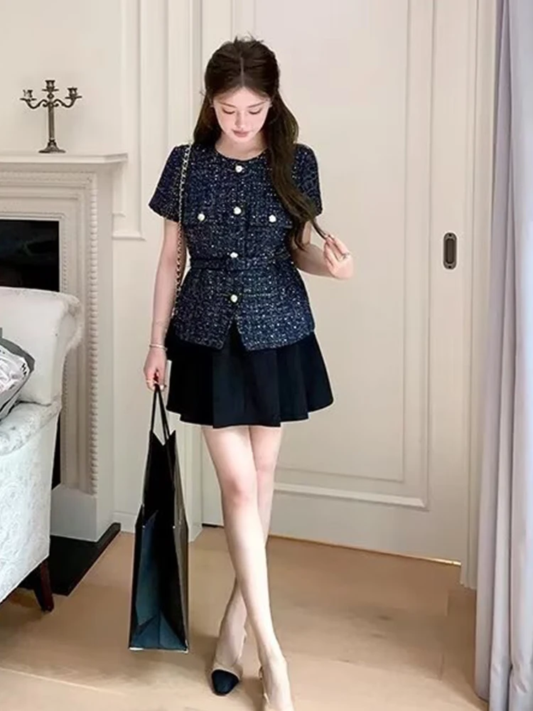 Women's Fashion Texture Jacket Chic Elegant Short Coat Belt Short Sleeve Metal Buckle Jackets High Street Casual Outerwears