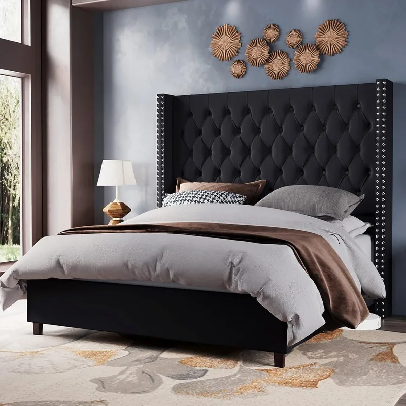 Velvet Upholstered Bed Frame King Size 61.4" Tall Headboard King Bed Frame Deep Button Tufted No Box Spring Needed Black