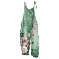 Women Jumpsuits Summer Overalls Boho Vintage Print Square Neck Sleeveless Casual Rompers Pockets Wide-Leg Pants Womans Playsuit
