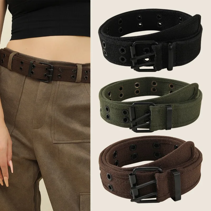 

Double-Buckle Canvas Belt Men Women Unisex Cotton Canvas Fabric Double-Needle Buckle Belt Waistband for Pants Jeans Streetwear