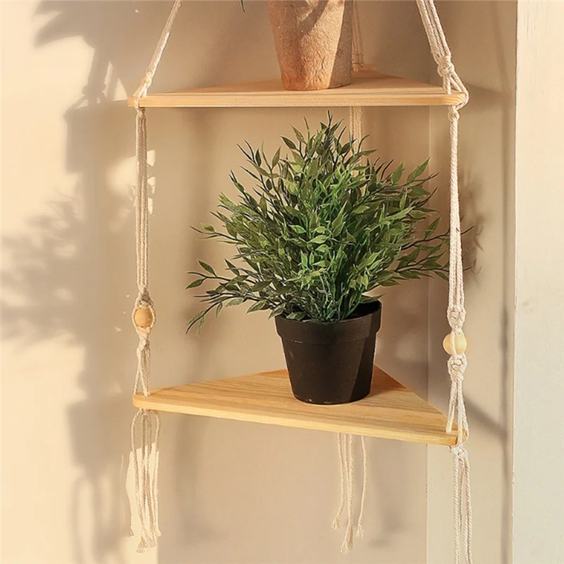 1 Piece Shelves With Wood Shelf Beige Handmade Shelf For Hanging Plant And Decor