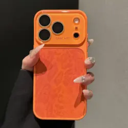 Luxury Leopard Print Leather Phone Case with Crystal Lens Protection and Shockproof Cover - iPhone 15 (Orange)