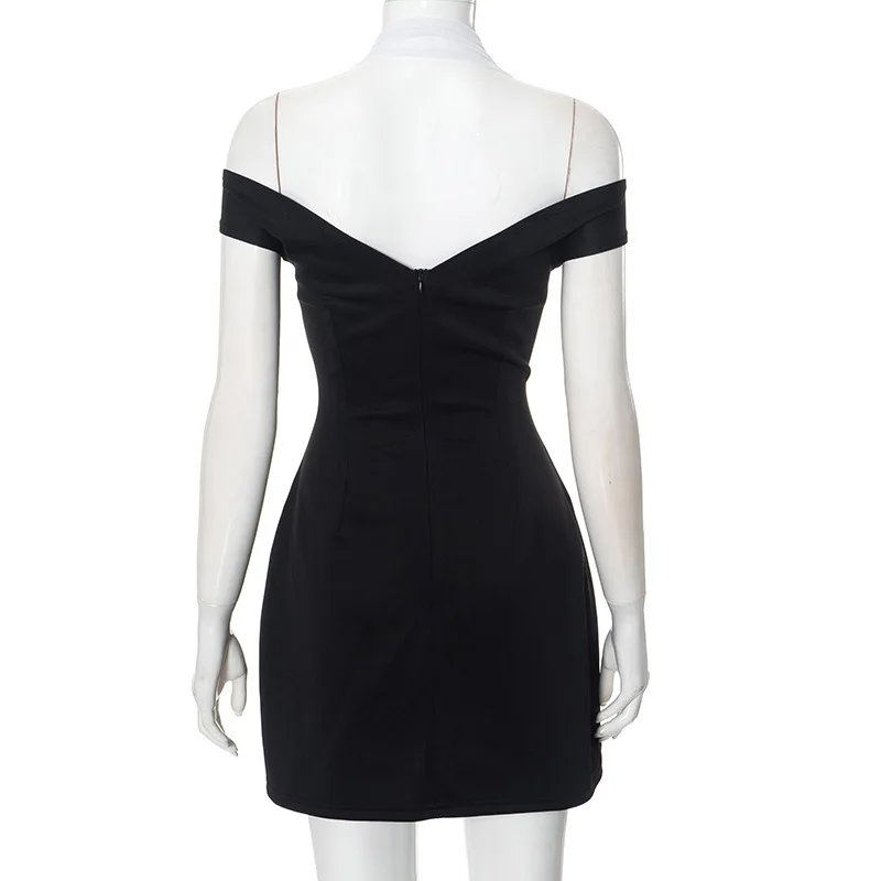 Elegant Contrast Color Splice Halter Dress For Women High Waist With Button Female Slim Fit Party Sexy Dress Sleeveless