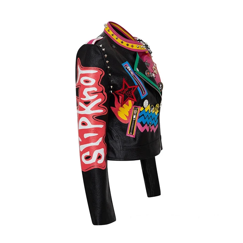 Graffiti Print Motorcycle Jacket for Women 2024 Trend Rivets Punk Style Streetwear Black Cropped Faux Leather Jackets