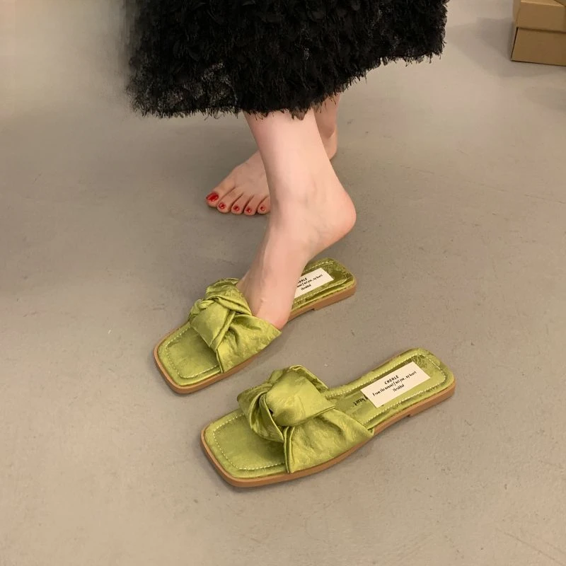New Women's Summer Square Toe French Flat Bottom External Wearing Slippers Luxury Slip on  Shoes Casual Ladies Sandals