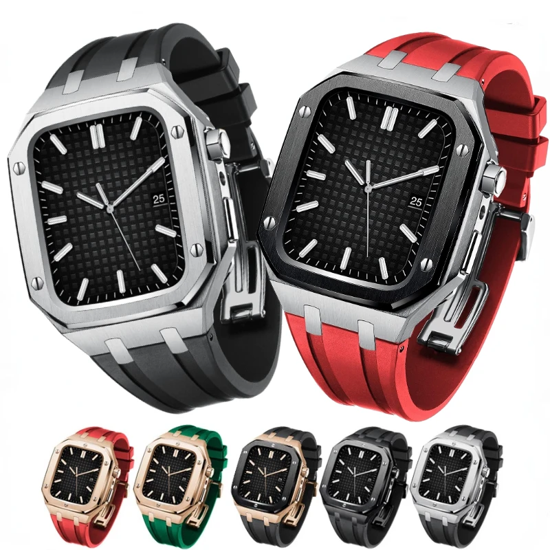 High End Modification Kit Strap+Case For Apple Watch Band 45mm 44mm 42mm Retrofit Bracelet Wristband For iWatch 8 7 5 4 SE Belt