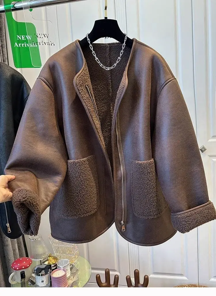 Women's Super Cute Zipper Fur Patchwork One-piece Round Neck Coat Top Warm Casual Winter Best Seller Coats and Jackets Women