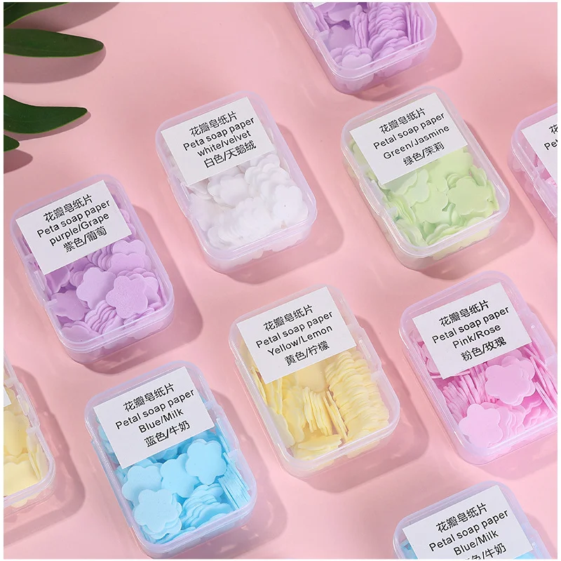

100Pcs/Box portable Skin friendly fresh hand washing toilet soap Slice Disposable petal soaps flakes household for Girls/travel