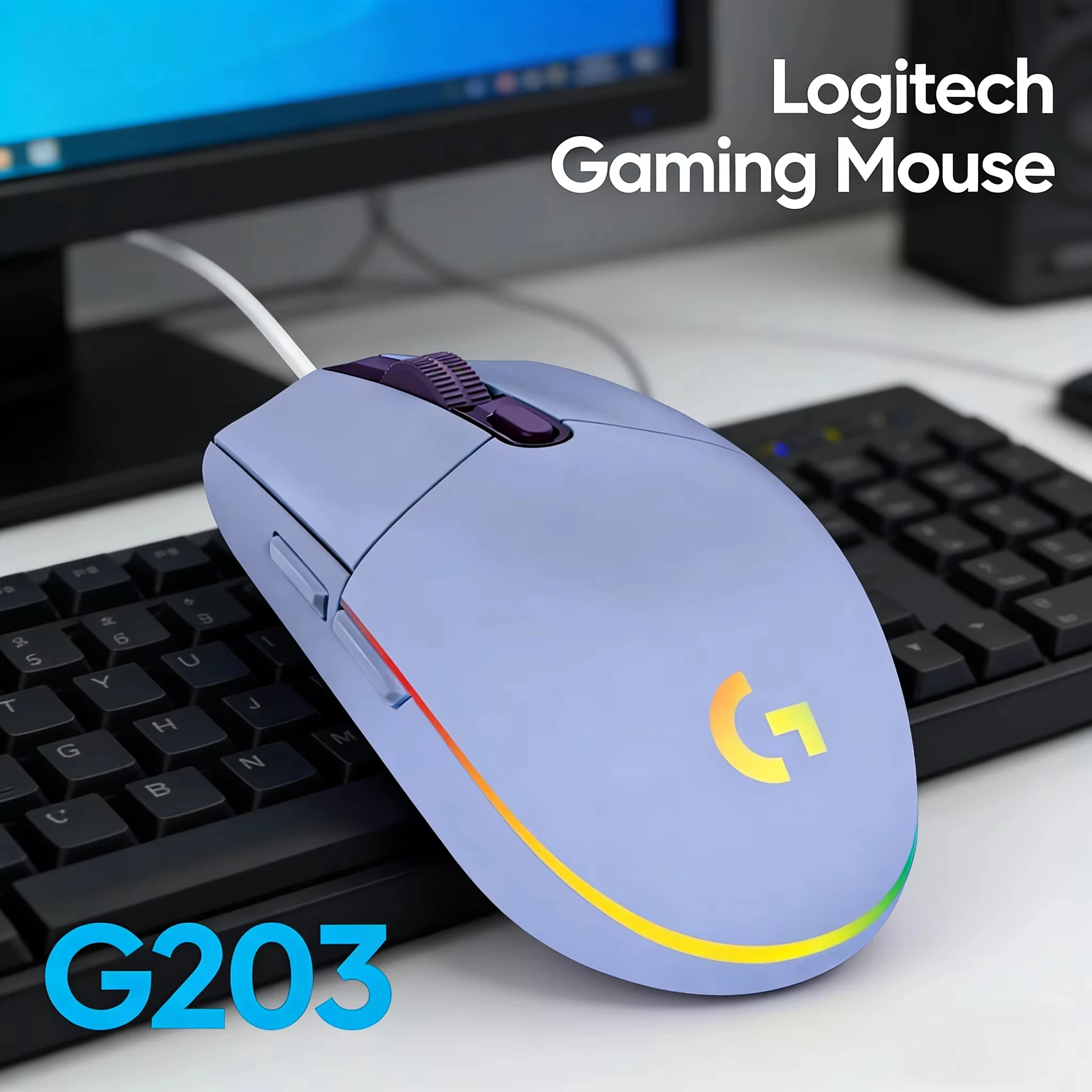 로지텍 G102 G203 유선 게이밍 마우스 2.1미터 길이 케이블 8000 DPI RGB 효과 PC 노트북 사무실 게이머용 유연한 디자인