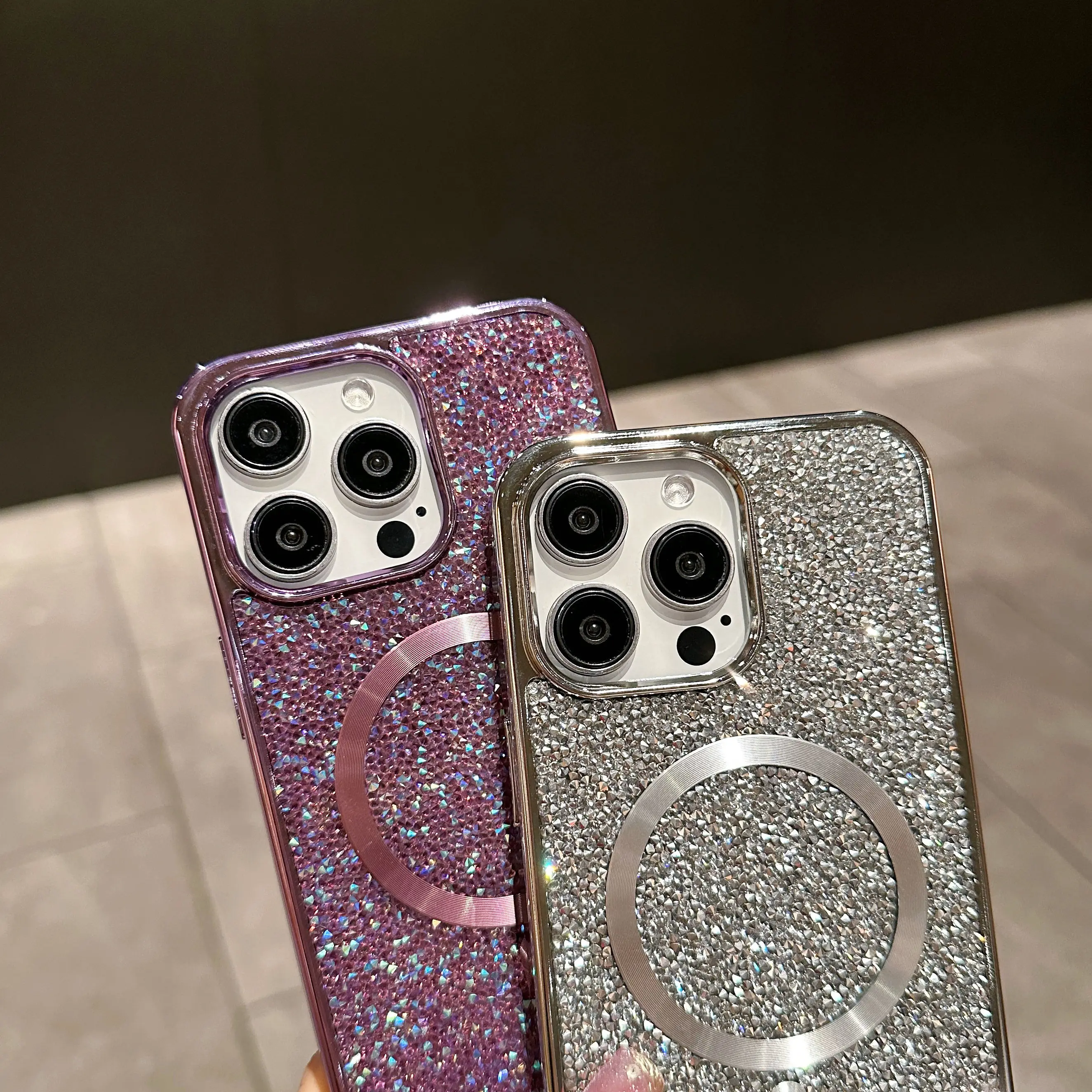 Glitter Shining Diamond Plating Slim Phone Case with Wireless Charging and Magnetic Back Cover