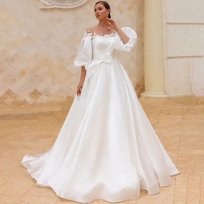 

KapokDressy Sexy Sheer Neck Classical Puff Sleeves Wedding Dresses Appliqued Organza Satin A-Line Beach Princess Bridal Gowns