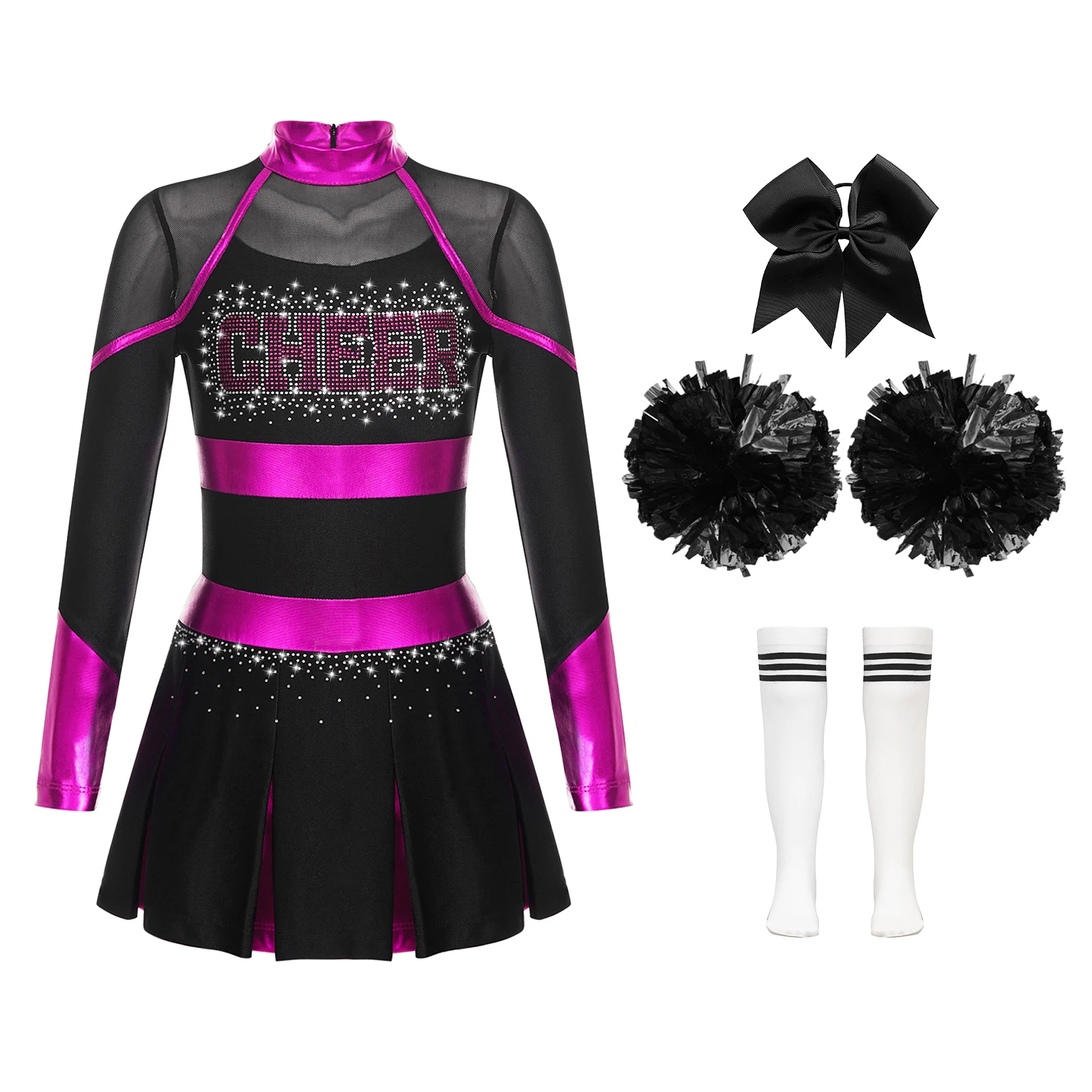 thumbnail image 1 of Uniformes de animadoras para niñas, traje de baile de animadoras, disfraz de animadora, uniforme de animadora escolar con diamantes de imitación, 1 of 5