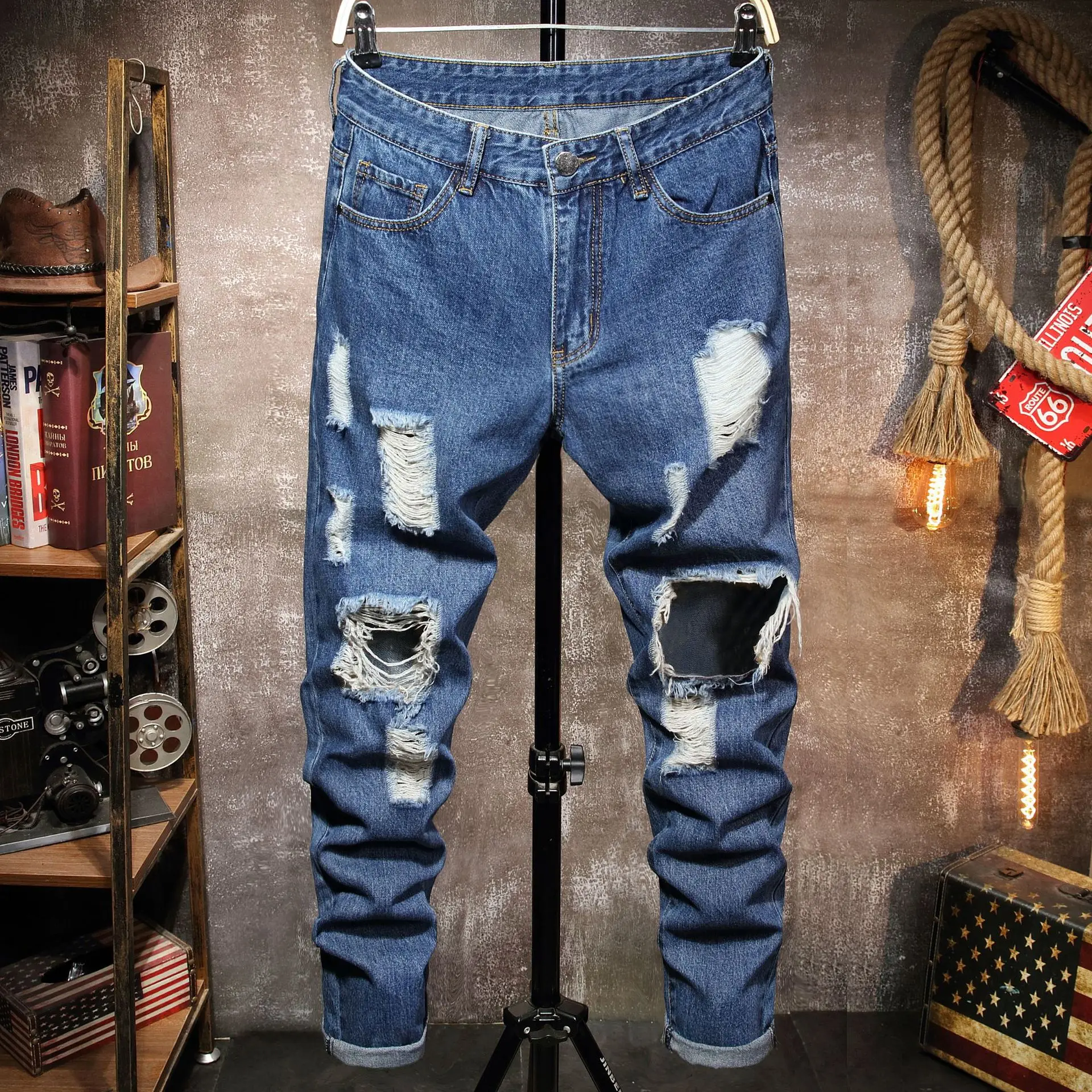 Men jeans Denim Pants hole long Zipper Ripped Narrow Pants Men Jeans Trendy Pants blue jeans for men