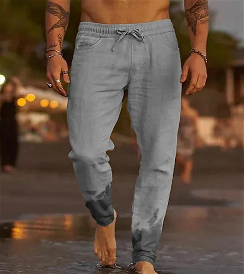 

Men's Cotton Linen Pants Summer Solid Color Breathable Linen Trousers Daily Casual Drawstring Fitness Pants Beach Or Street Wear