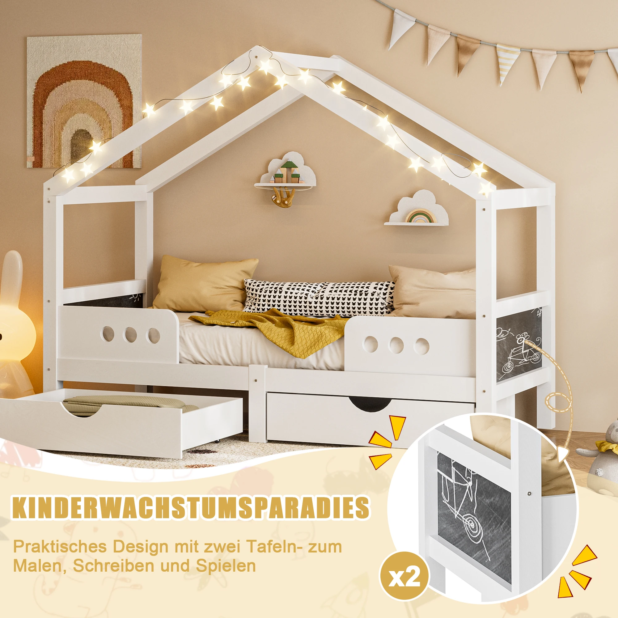 KOMHTOM Kinderbett mit Dachdesign, 2 Großen Schubladen, Stabilem Holz-MDF-Rahmen, UV-Lackierung Geruchsarm – Detail 4