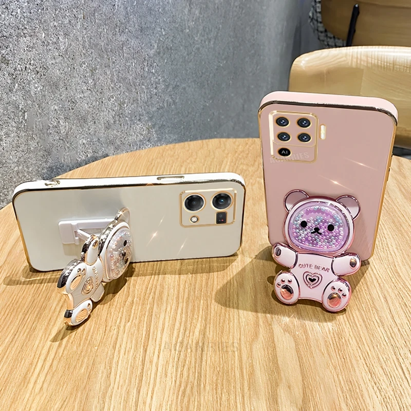 Cute Plating Quicksand Bear Stand Silicone Case