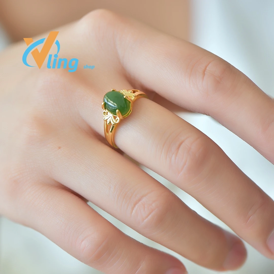 Green Chalcedony Ring for Women Jade Ring Copper Opening Inlaid Jade Fashion Temperament New