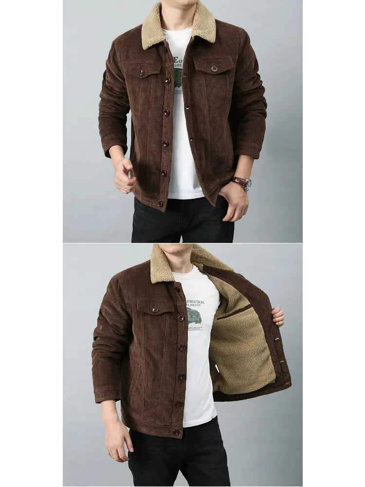 Mens Padded Corduroy Parka Jacket - Warm Windbreaker with Fur Collar
