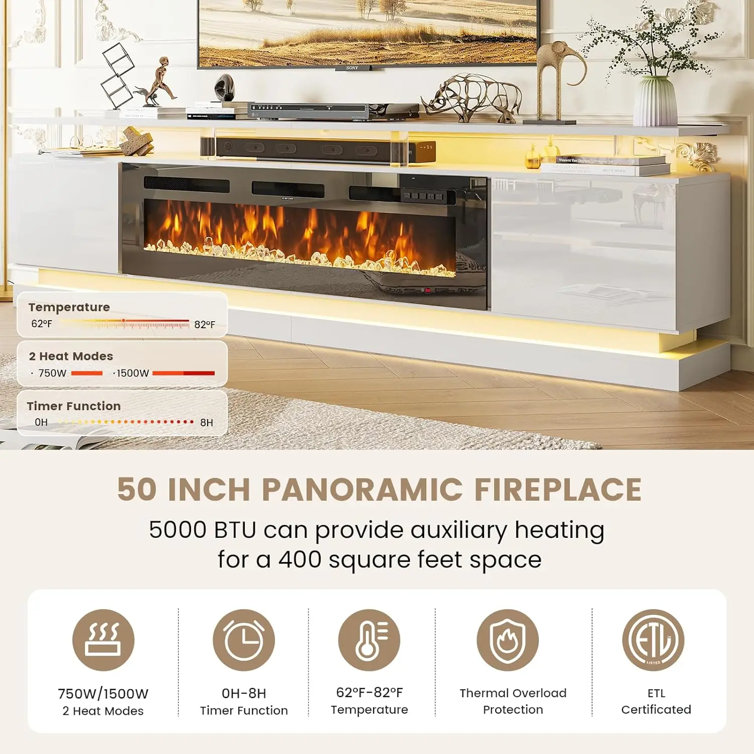 90" Modern Fireplace TV Stand with Storage 3