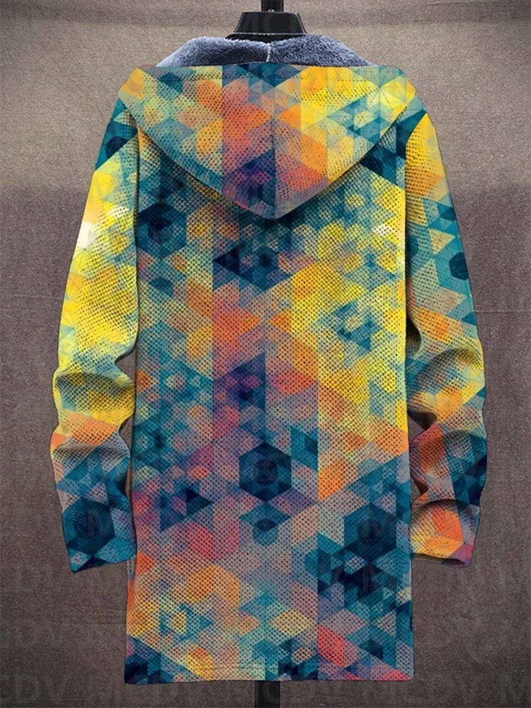 Unisex Vintage Geometry Crystal Gradient Art Casual Print Plush Thick Long-Sleeved Sweater Cardigan Coat