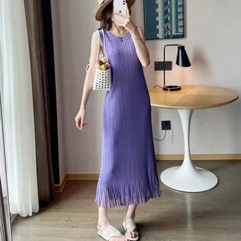 Miyake Minimalist Pleated Dresses 2026 Summer New Sleeveless Vest Tassel Long Dress Women's Simple Vacation Stretchy Clothing 1