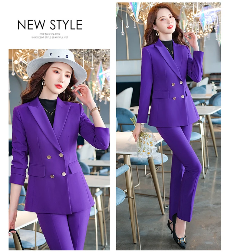 Purple Suit Coat Women's Two Piece Pants Set Suit Fashion Casual Pocket Office Women's Design Women's Jacket and Pants 2022 New