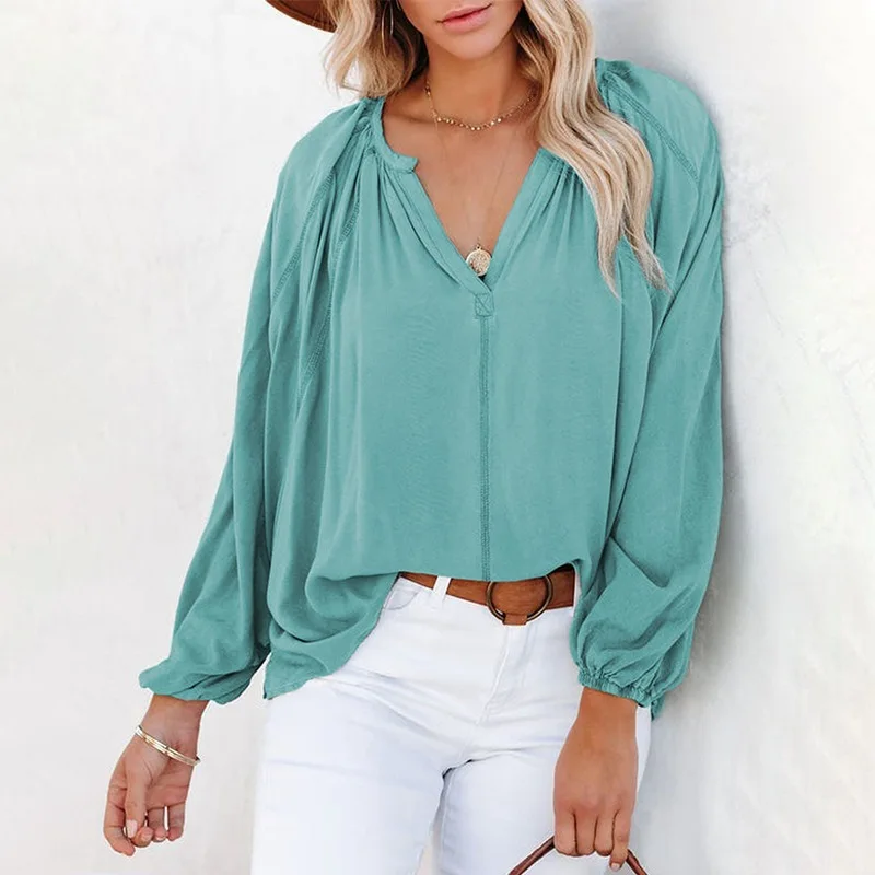 

Vintage Deep V Loose Summer Blouse Camisa 2022 Streetwear Oversize Solid Shirts Blouses Casual Long Sleeve Blouses for Women