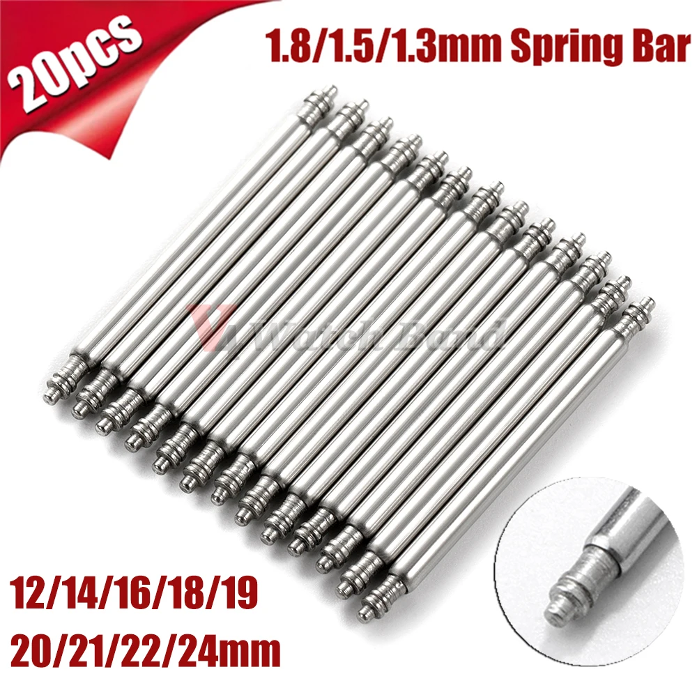Assorted Stainless Steel Spring Bars for Watch Bands - Pack of 20, Various Sizes