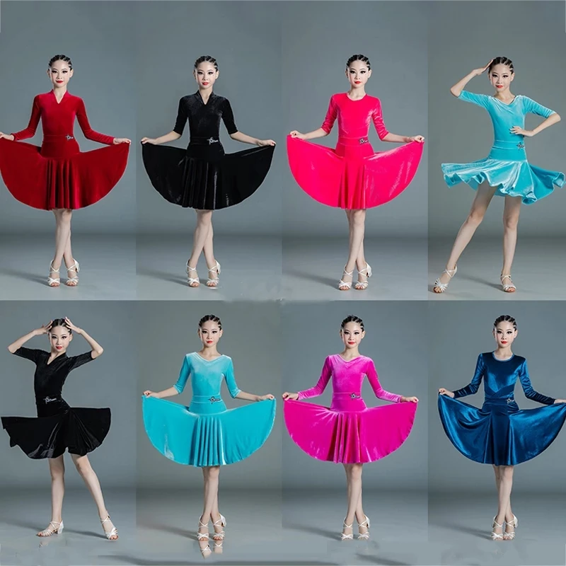 

6 Colors Girls Latin Dance Competition Costume Stage Performance Clothes Velvet Latin Dress Split Sets Practice Clothing