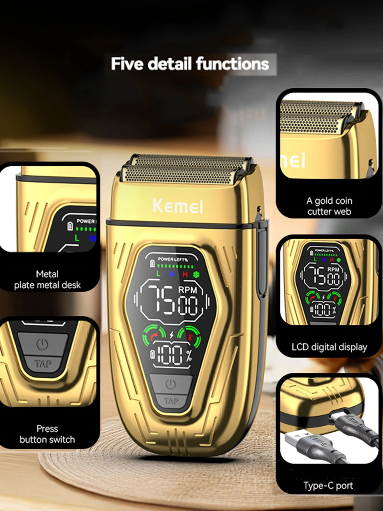 Kemei T360 New Electric Shaver with LED Display Screen Rechargeable Hair Beard Razor Bald Head Shaving for Men