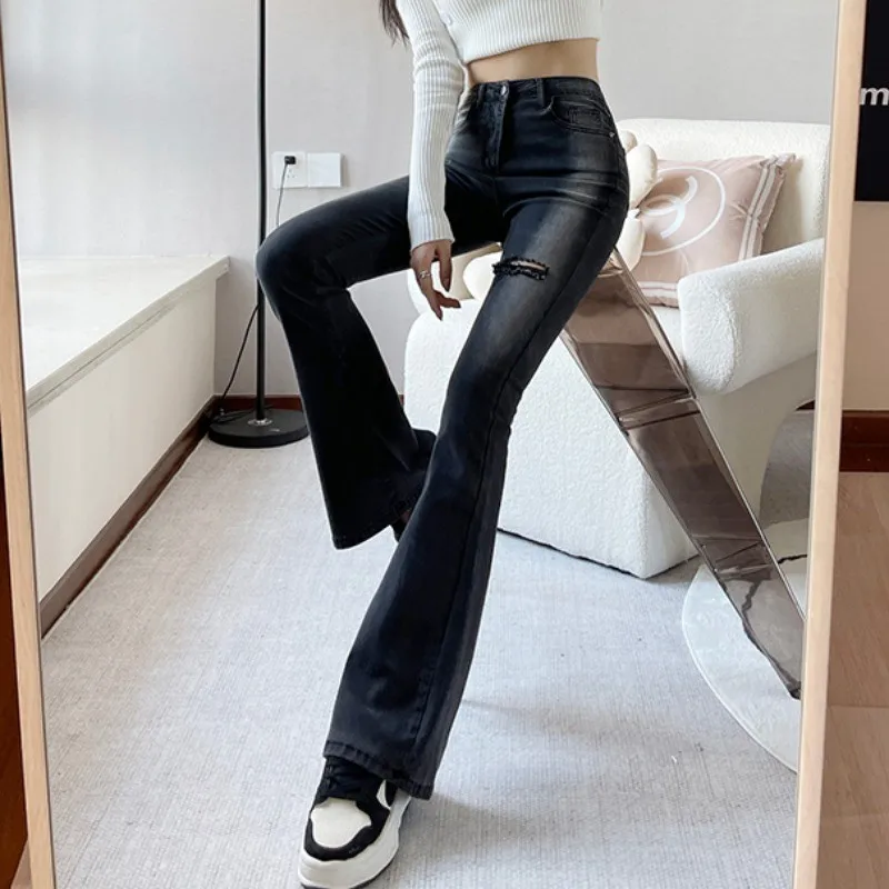 Ripped Micro Flare Jeans For Women High Street Skinny Black Boot Cut Denim Pants Lady High Waist Slim Long Jeans Trousers fashion casual whitish blue jeans women high waist micro flare trousers female office commuter denim pants slim trend streetwear