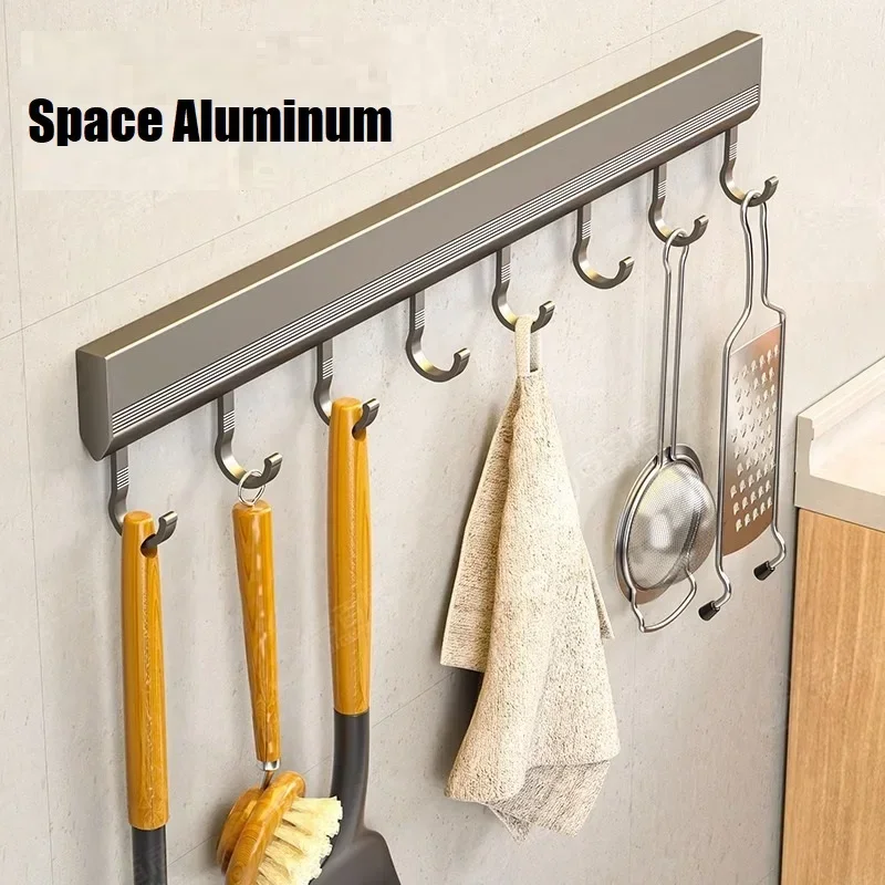 Wall Mounted Kitchen Hook Rack Heavy Duty No-Punching Wall Hangers Rail Utensils Rack Spoon Shovel Chopping Board Storage