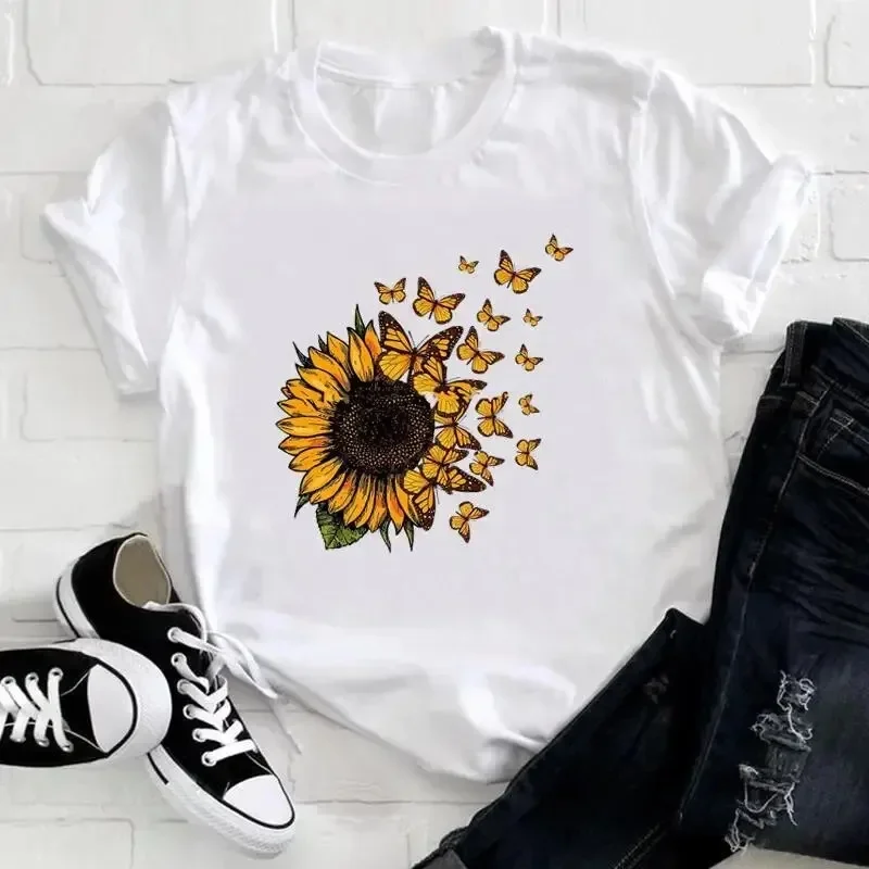 Summer Fashion Casual Sunflower Butterfly Print Women T