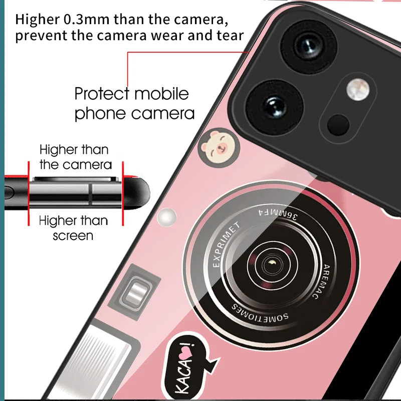 Premium Tempered Glass Case with Camera Pattern Design - Protective Back Cover