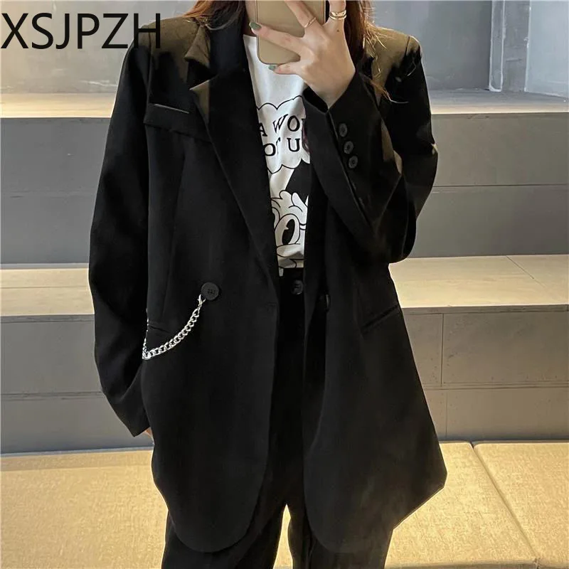 Women's Trendy Dark Black Retro Loose Street Blazers Women Vintage Chain Casual Coats Ladies 2023 Spring Autumn New Suit Jacket