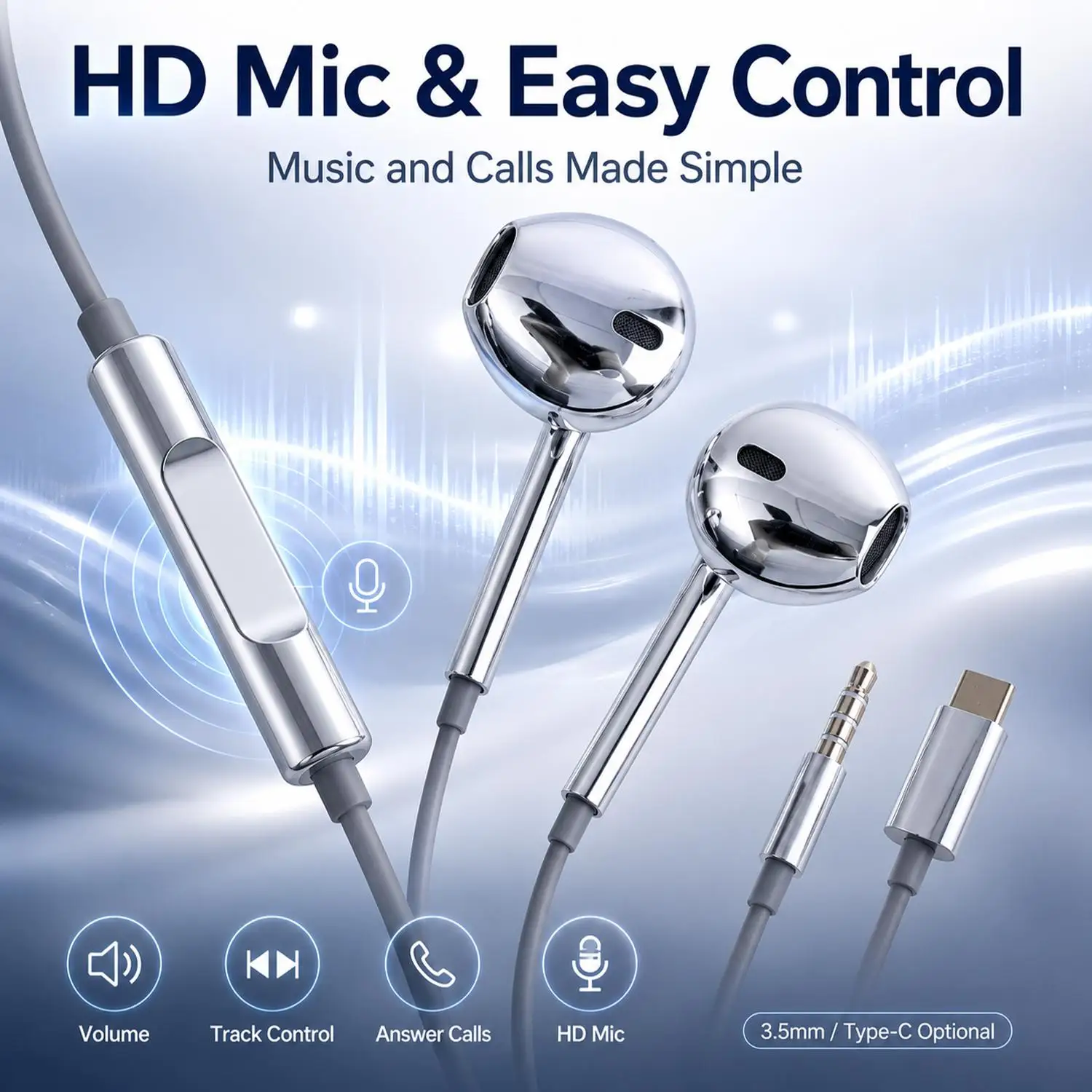 Premium Wired USB-C Earbuds with Mic & Volume Control - Chrome Silver
