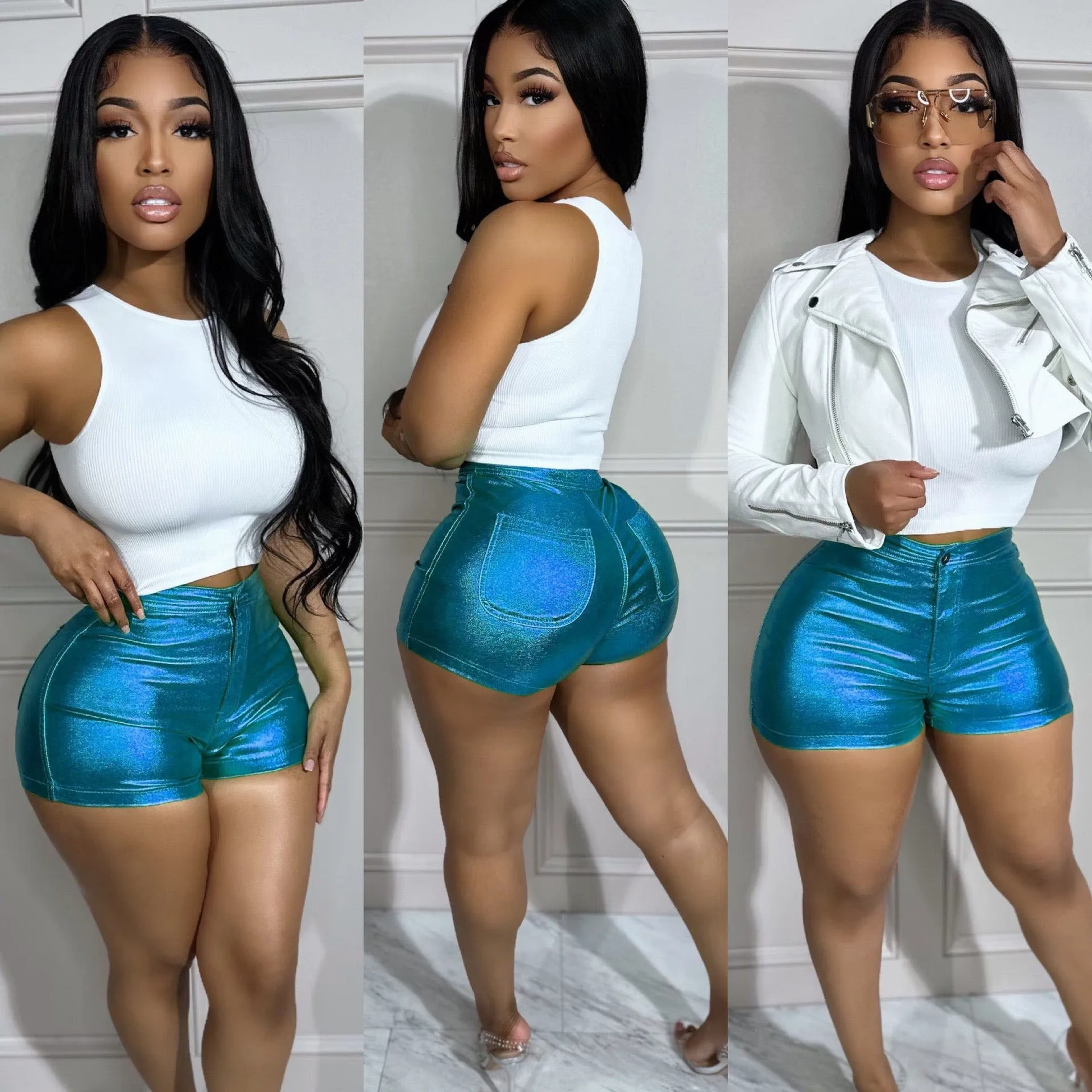Summer Women  Sexy Y2k Candy Color Shiny Skinny Shorts Streetwear Leather Reflective High Waist Hip Wrap Club Women'S Shorts