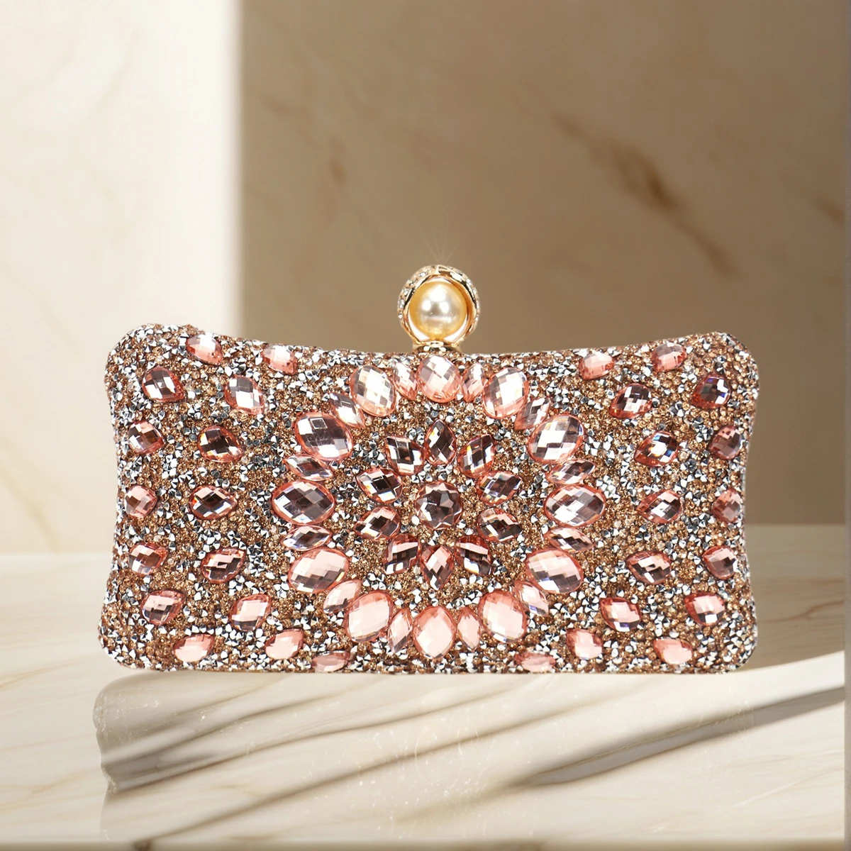 Golden Glitter Evening Bags for Women with Rhinestones and Acrylic Diamonds