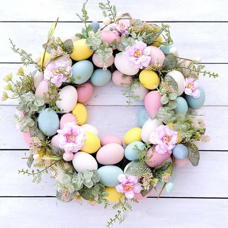 

45cm Bunny Easter Colorful Egg Wreath Door Wall Hanging Pendants Simulated Green Plant Egg Happy Easter Day Party Decor For Home