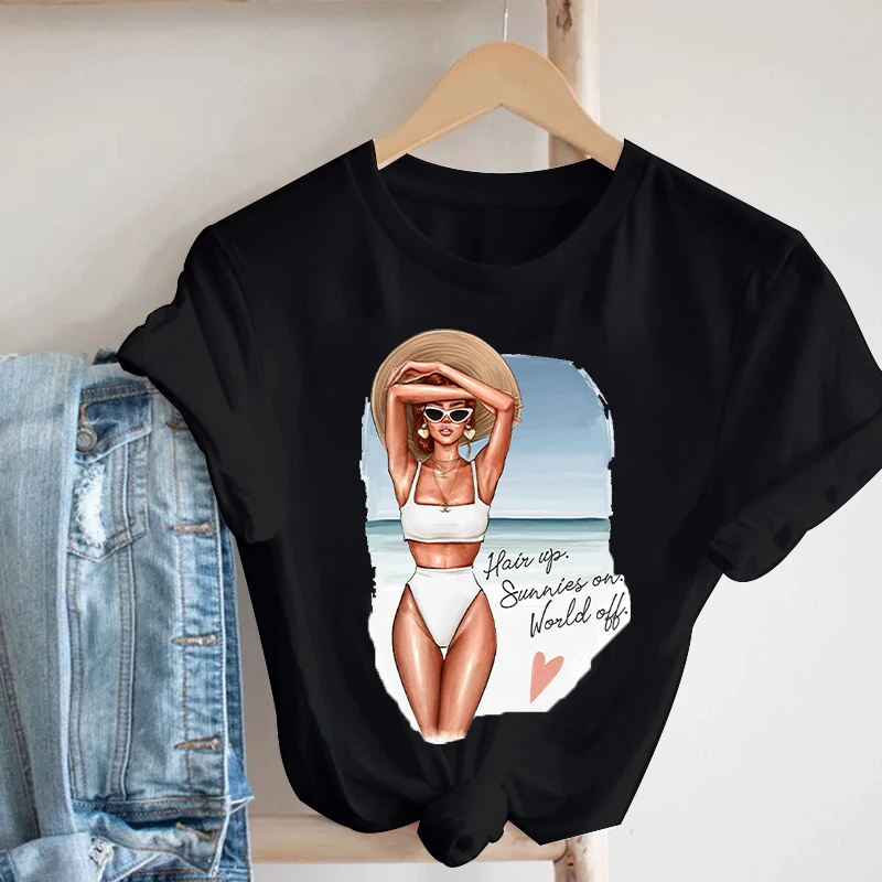 

Women Black tshirt Short Sleeve Sexy Girl Graphics Fashion Print Lady Clothing Tops T-Shirt Summer Kawaii Tees Female T Shirt