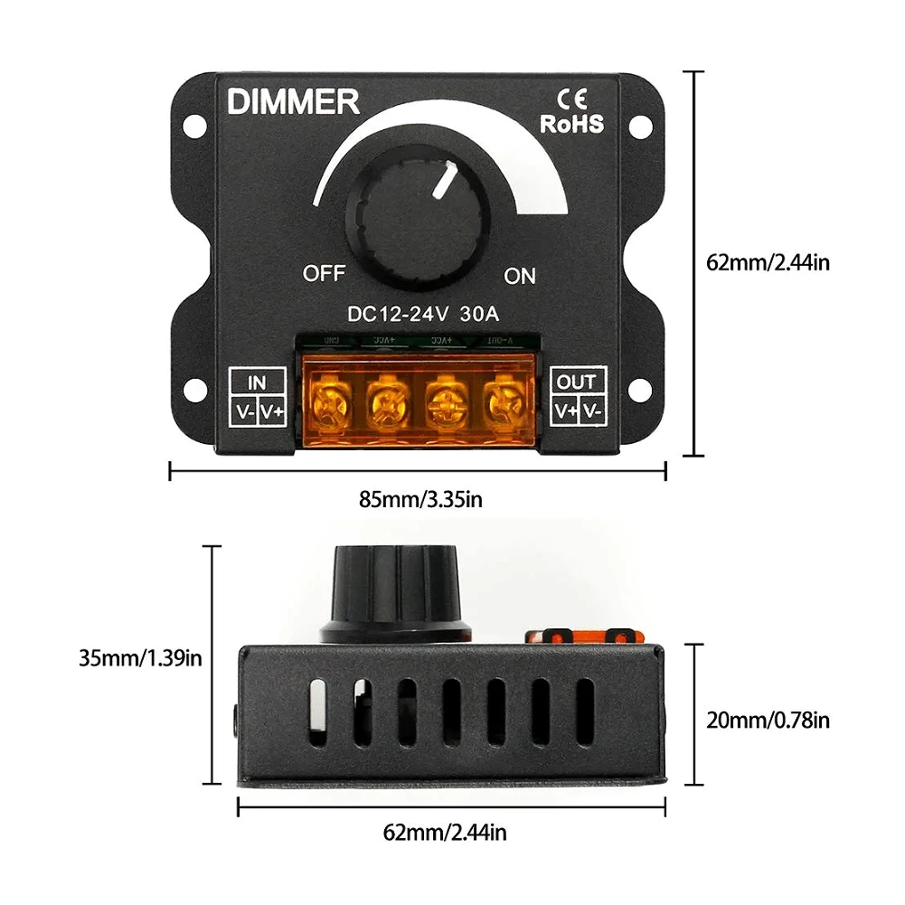 LED 밝기 조절기, PWM 디지털 무단 조광 스위치, 램프 스트립, 단색 램프용, DC 12V-24V, 30A