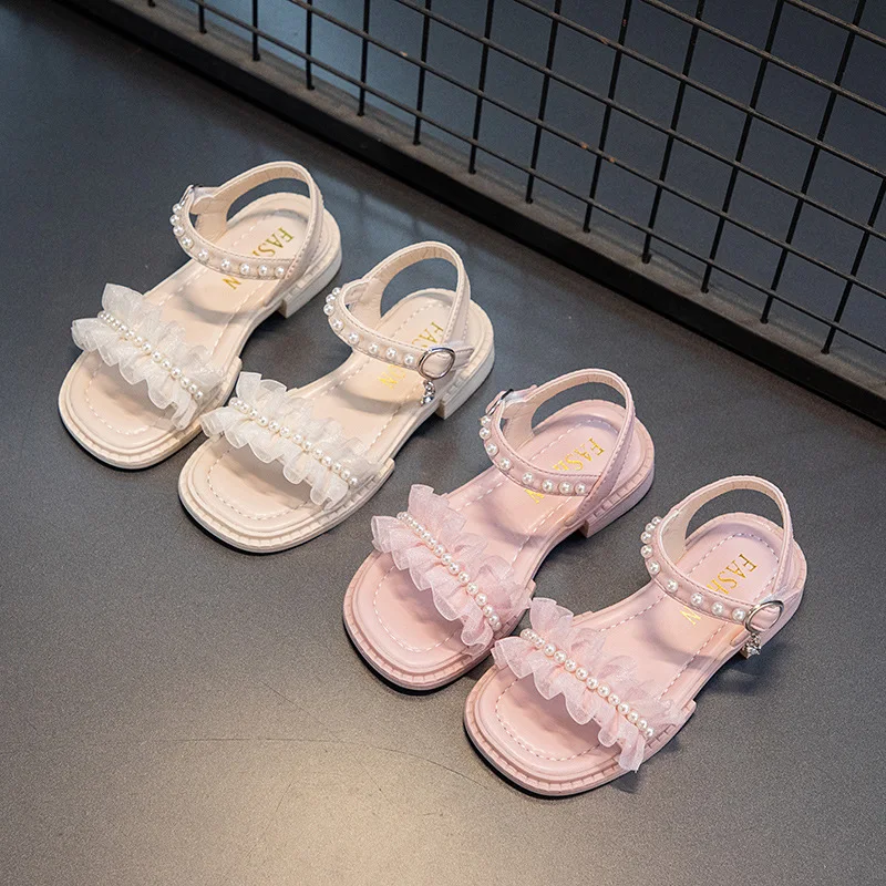 

Children Girls Sandals Summer Sweet Wind Princess Lace Pearl Shoes Kids Beach Shoes