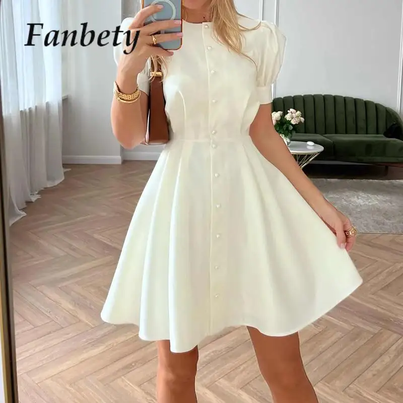 

Ladies High Street Slim Waist Mini Dress Fashion Summer O-Neck Puff Sleeve Solid Dress Women Elegant Peal Buttons A-Line Dresses