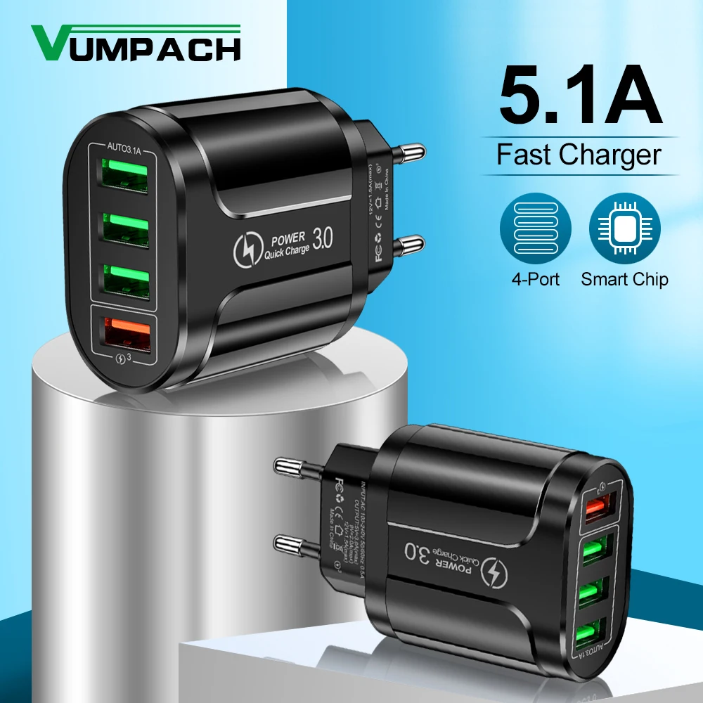Universal 4-Port 45W USB Wall Charger with Fast Charge QC 3.0 – EU/US Plug Adapter