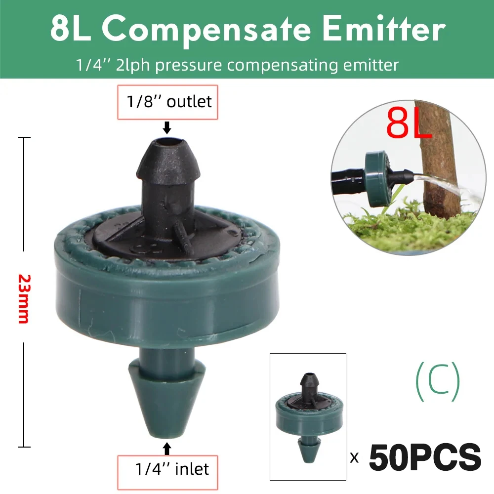 ตัวเลือกสินค้า 50PCS 2L 4L 8L/H ความดันชดเชย Dropper Agricultura ชลประทาน Emitter สวนหยดสําหรับ 1/4 'ท่อ PE เรือนกระจกรดน้ํา